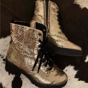 Gold Lace-Up Ankle Boots